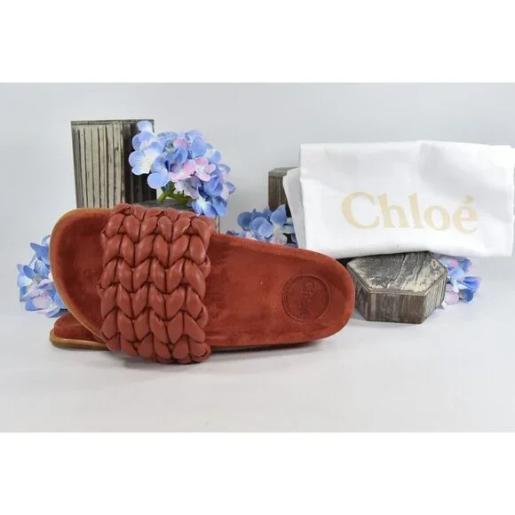Chloe Terracotta Brown Leather Kacey Woven Flat Mules Slides Sz 37 NIB - Picture 3 of 11